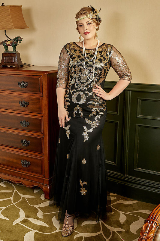 Robe Gatsby années 20 à sequins grande taille noir et doré