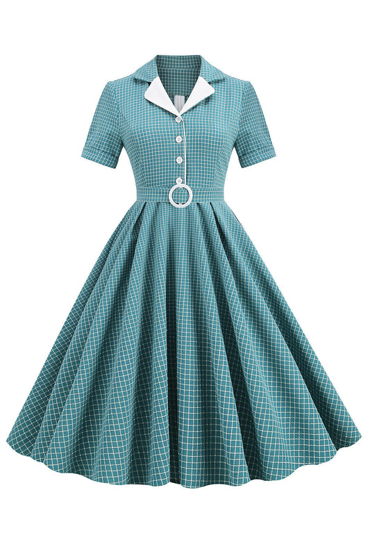 Robe Vintage Col en V Carreaux Bleus Années 50