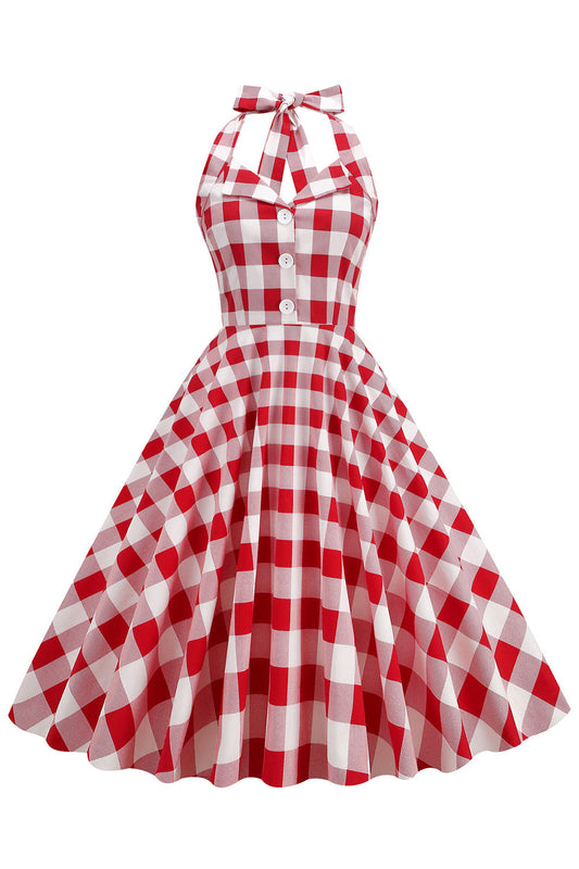 Robe Charleston à licol écossais rouge des années 50