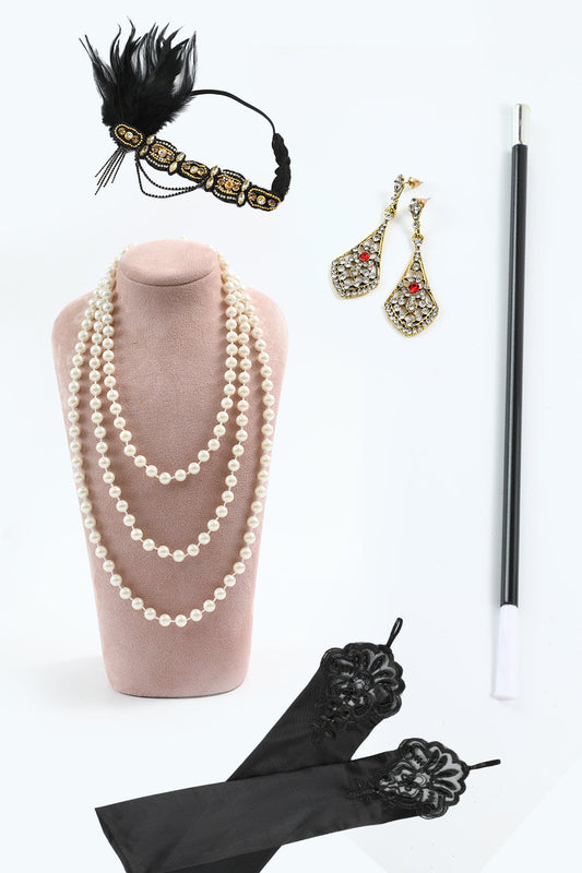 Set de cinq accessoires Flapper noir et doré années 20