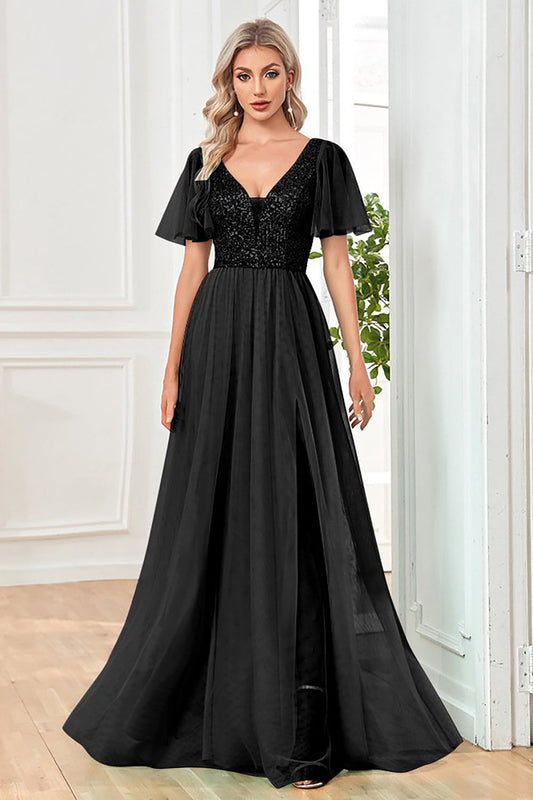 Robe de soirée fourreau noire en tulle ornée de paillettes avec fente