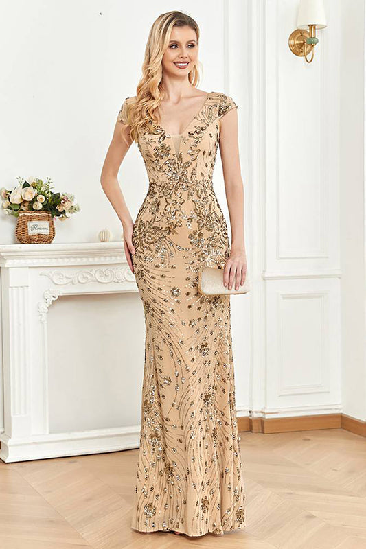 Beaded Golden Sheath Formal Dress with V-neck