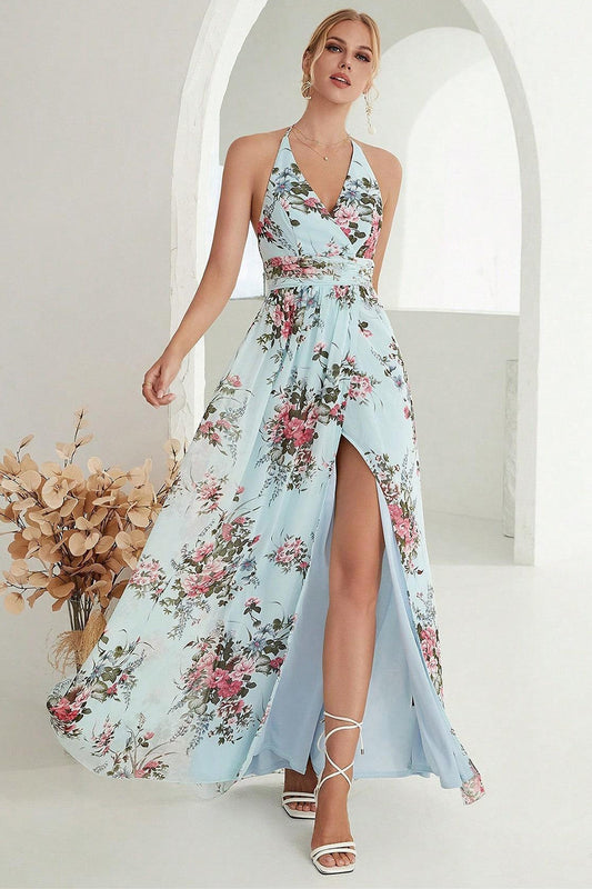 Robe de soirée fendue bleu clair à licou imprimée