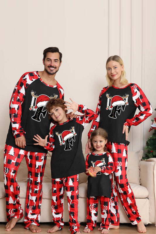 Pyjamas de Noël noirs et rouges à manches longues avec motif de cerf pour toute la famille