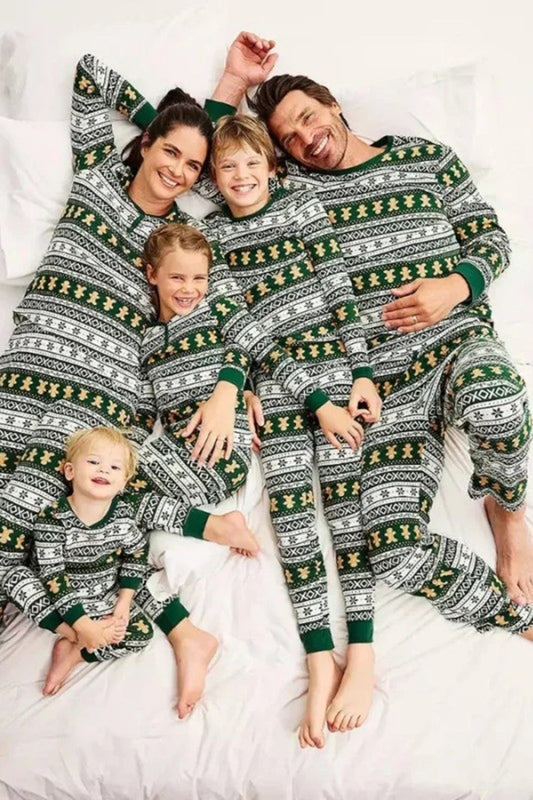 Pyjama de Noël assorti pour la famille, motif flocon de neige et bonhomme en pain d'épices, vert