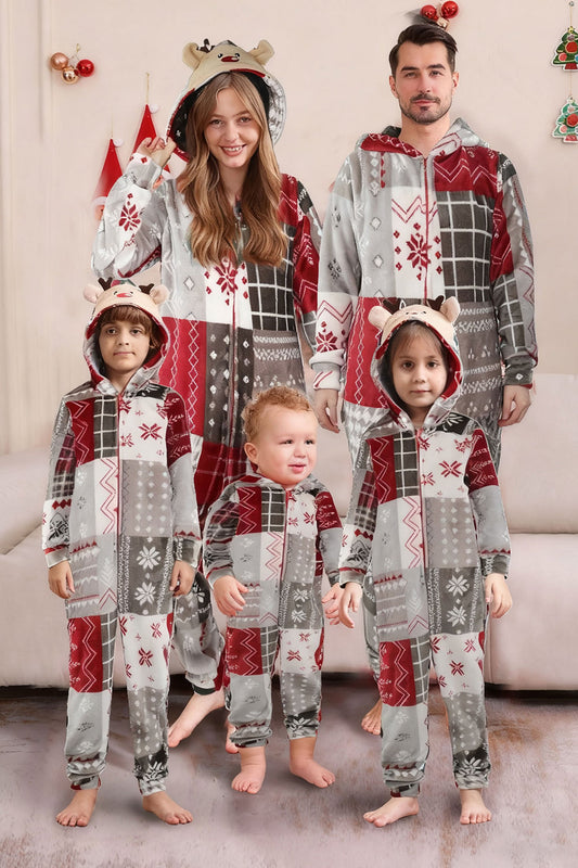 Pyjamas Famille Assortis Imprimé Flocon de Neige Une Pièce Rouge Gris