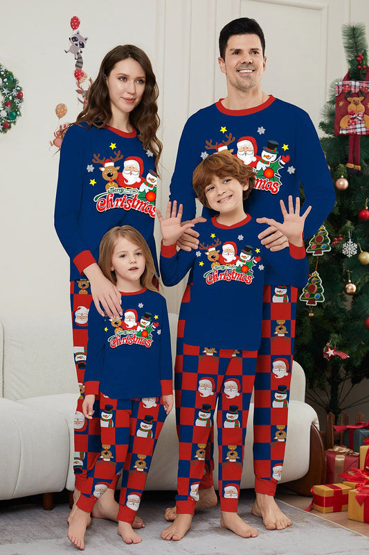Ensemble de pyjama de Noël à manches longues imprimé pantalon à carreaux bleu foncé
