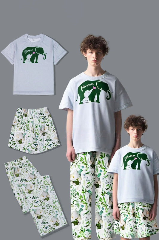 Pyjama familial assorti à manches courtes blanc et vert à imprimé floral