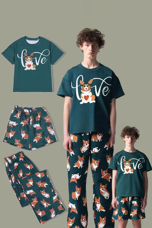 Pyjama assorti à manches courtes vert foncé imprimé chien pour toute la famille