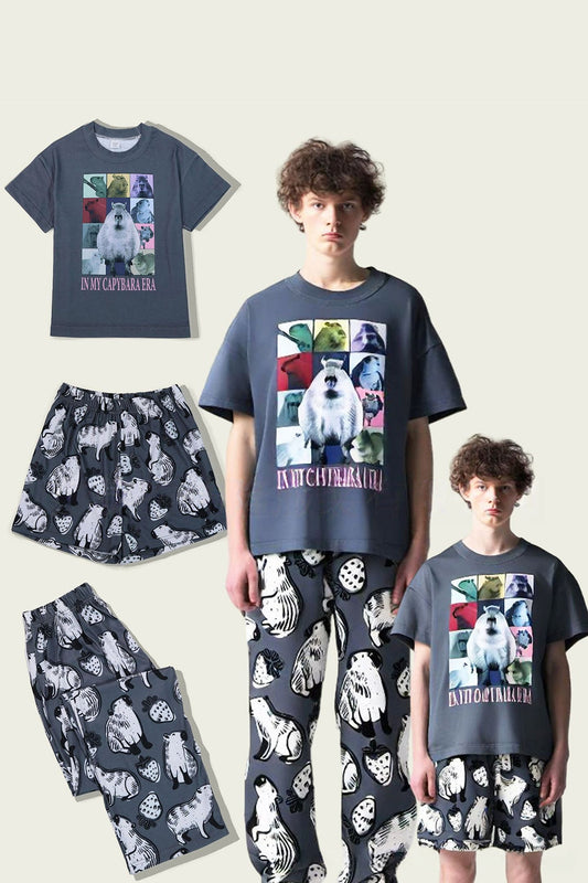 Pyjama familial assorti à manches courtes et imprimé animal gris foncé
