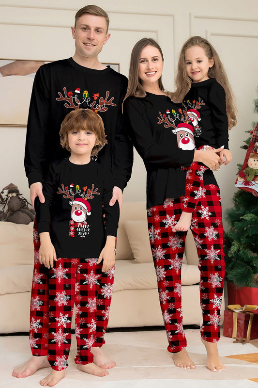 Ensemble de pyjamas de Noël assortis pour toute la famille, imprimé de rennes et de flocons de neige, noir et rouge