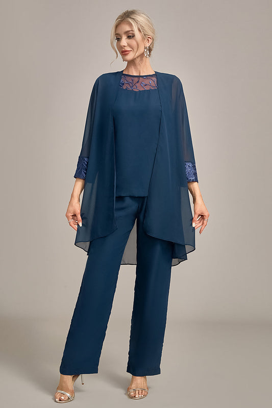 Ensembles Pantalons Mère de la Mariée 3 Pièces Manches Longues Bleu Marine