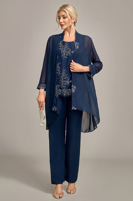 Ensemble pantalon 3 pièces pour mère de la mariée, bleu marine, avec appliqués