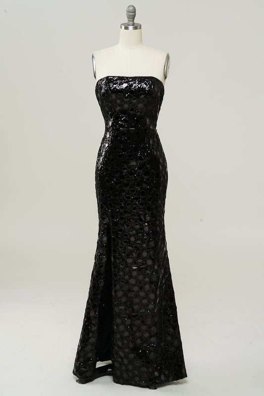 Robe de bal sirène noire sans bretelles à sequins
