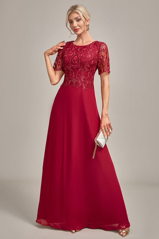 Robe Mère de la Mariée Bourgogne Coupe Trapèze Col Rond Paillettes avec Appliques