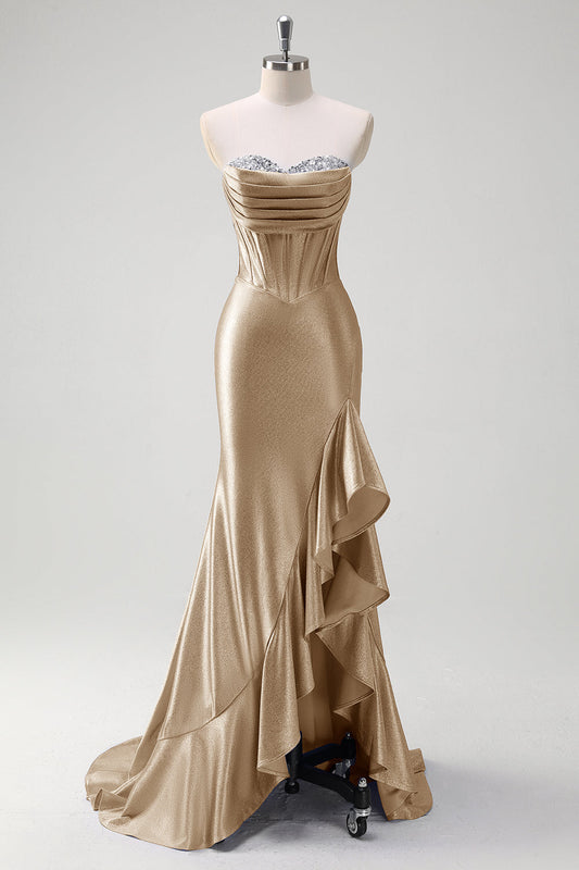 Robe de bal longue en satin champagne scintillant, sirĂšne, bustier, volant, corset, avec fente