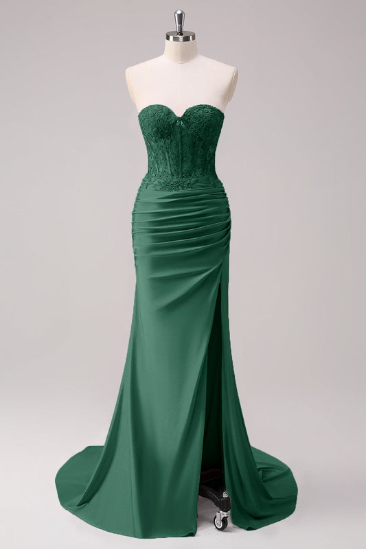 Corset Vert Foncé Sirène sans Bretelles Froncé Corset Longue Robe de Bal avec Fente