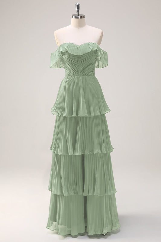 Dusty Sage A Line Off the Shoulder Tiered Pleated Long Bridesmaid Dress with Slit