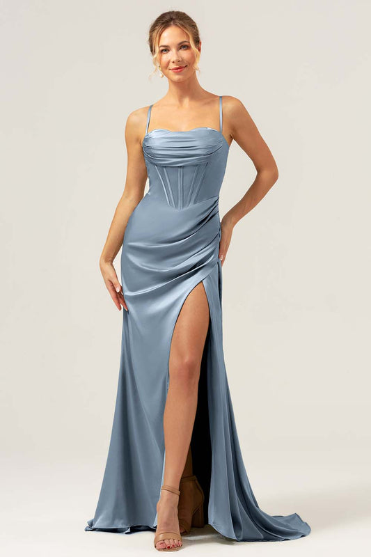 Dusty Blue Mermaid Spaghetti Straps Corset Satin Bridesmaid Dress with Slit