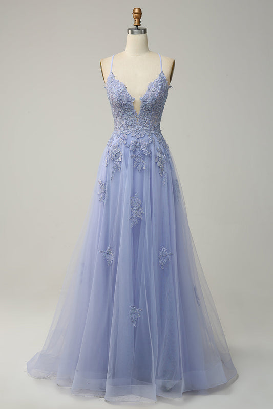 Robe de Bal Longue Lilas Clair Coupe A avec Bretelles Fines et Dos Croisé
