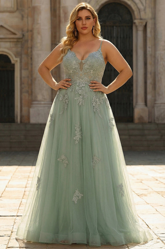 Green A-Line Spaghetti Strap Long Plus Size Prom Dress with Criss Cross Back