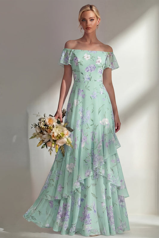 Green A Line Chiffon Off the Shoulder Printed Floral Long Bridesmaid Dress with Ruffles