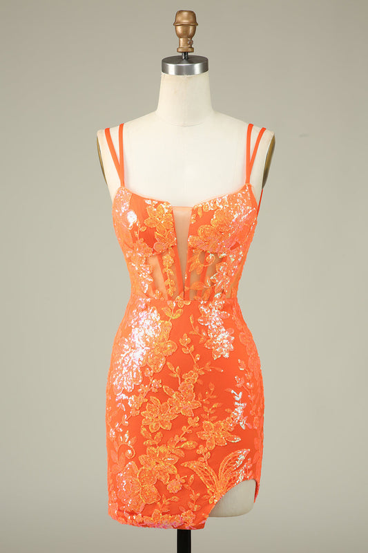 Magnifique robe de bal moulante orange à lacets et paillettes