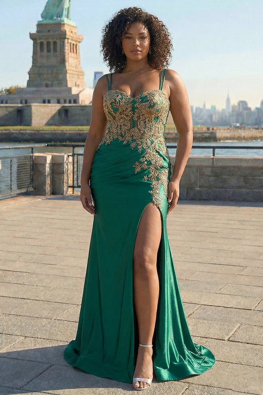 Robe de bal longue grande taille à paillettes de sirène vert foncé et perles avec fente