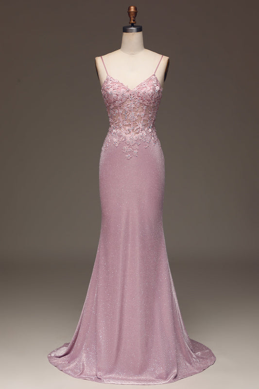 Sparkly Pale Pink Mermaid Long Graduation Dress with Thin Straps and Beads