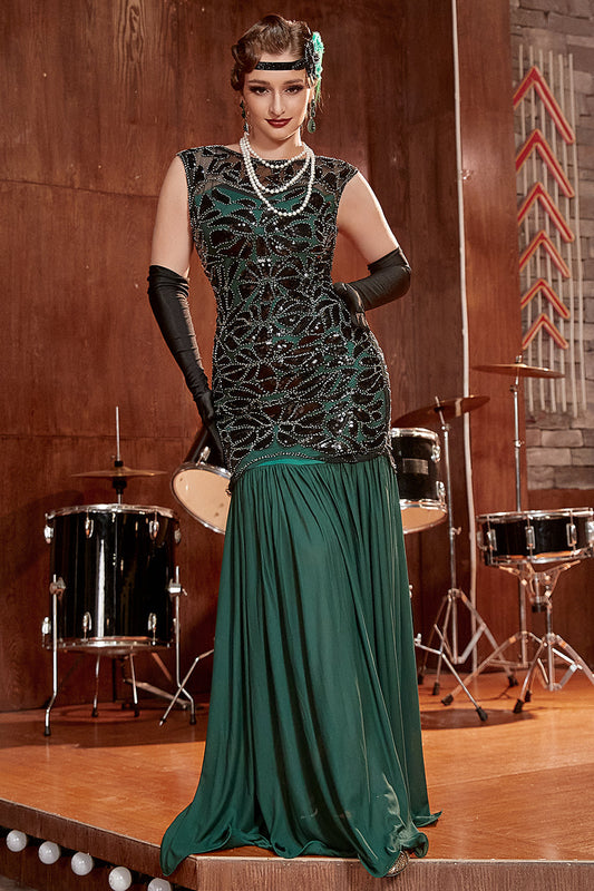 Robe Charleston longue à sequins vert foncé des années 20