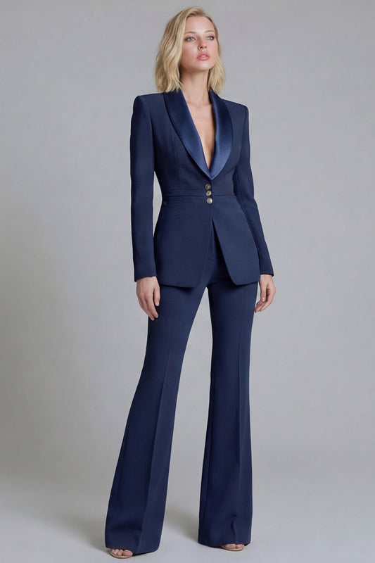 Navy Shawl Lapel 2 Piece Single Breasted Women's Work Suits
