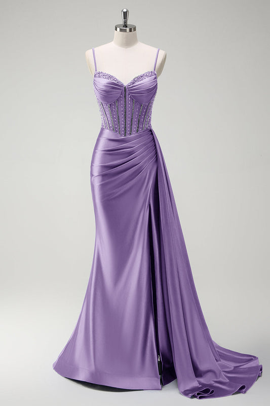 Robe longue de bal en satin plissée avec corset perlé sirène violet scintillant et fente