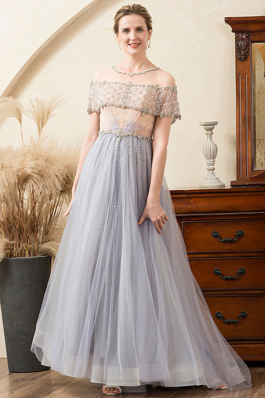 Robe de mère de la mariée trapèze en tulle gris, ornée de perles et de paillettes