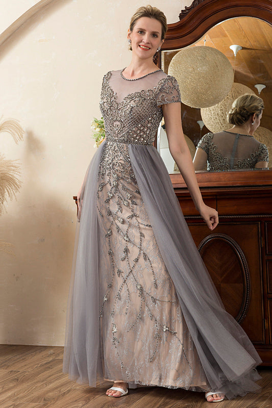 Robe Mère de la Mariée Grise Trapèze en Tulle Perlée Scintillante