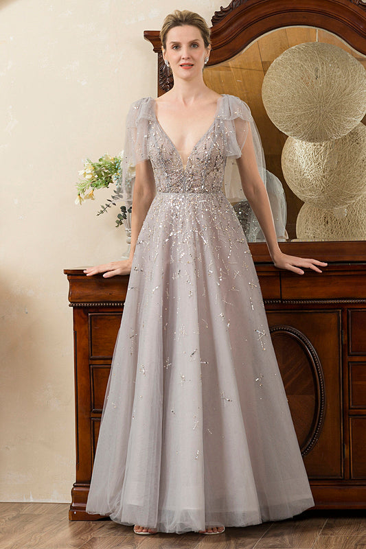 Grey A-Line Beaded Glitter Mother of the Bride Dress
