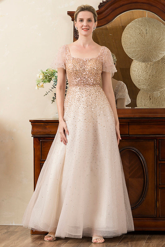 Robe de soirée scintillante ligne A perles fard à joues