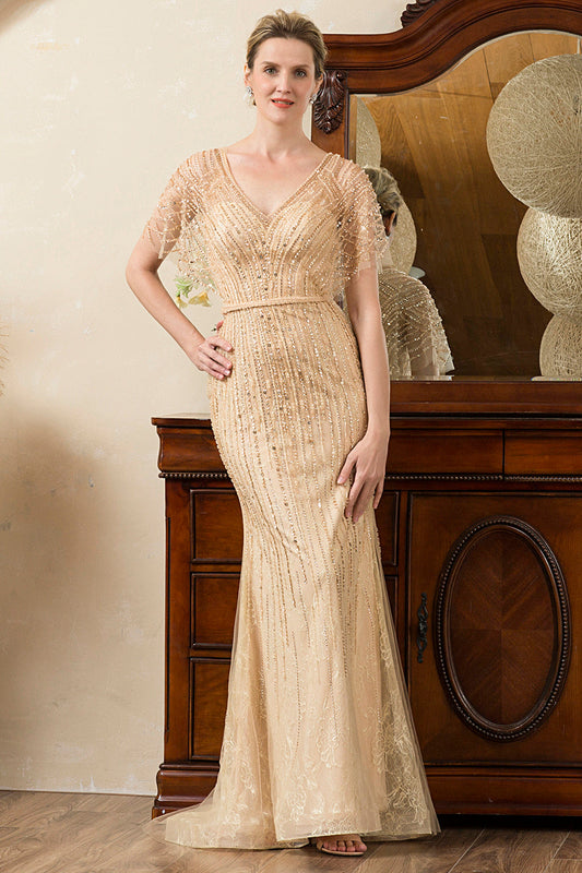 Robe sirène de mère de mariée à col en V perlée et pailletée