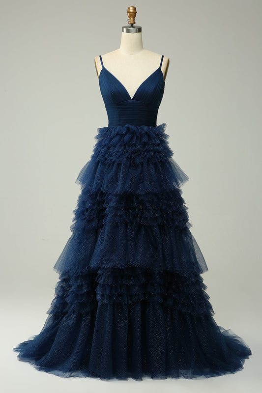 Robe de bal longue bleu marine à bretelles spaghetti en forme trapèze avec volants