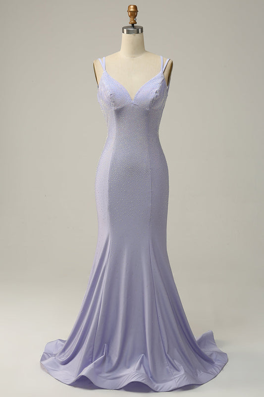 Robe de bal lavande sirène perlée scintillante