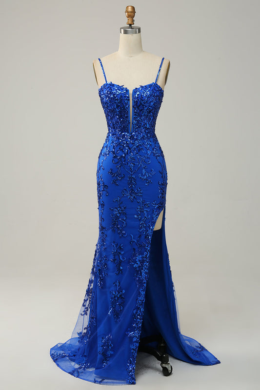 Robe de bal longue sirène à bretelles spaghetti, bleu roi, à paillettes, avec fente frontale