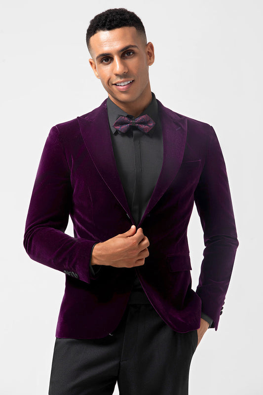 Blazer de bal homme en velours violet foncé à revers cranté et un bouton