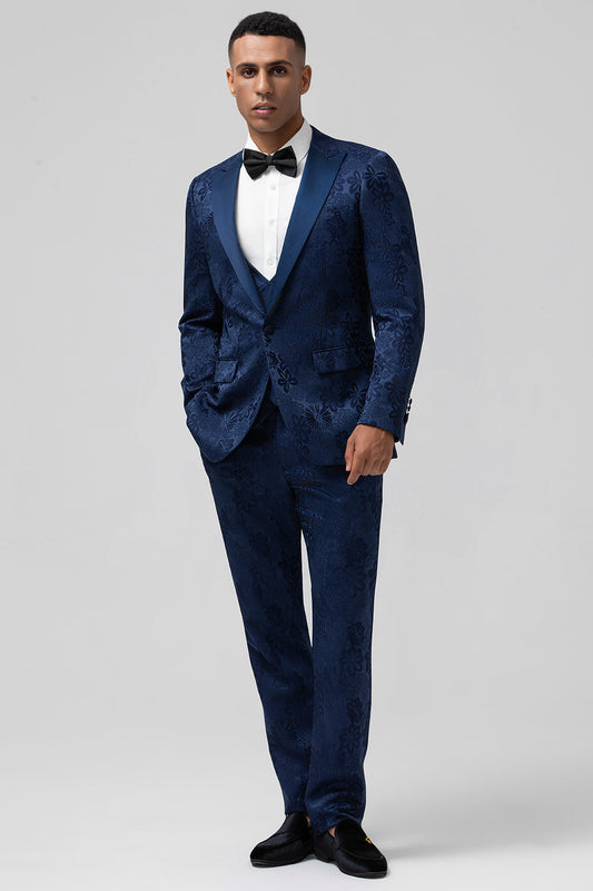 Costumes de bal pour homme 3 pièces bleu foncé à revers pointus et jacquard à un bouton