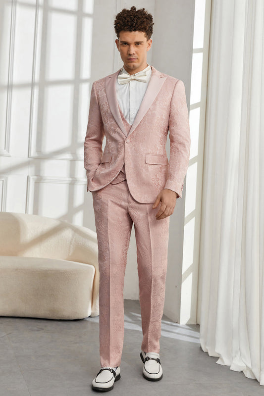 Costumes de bal pour hommes coupe ajustée à revers en pointe en jacquard rose clair