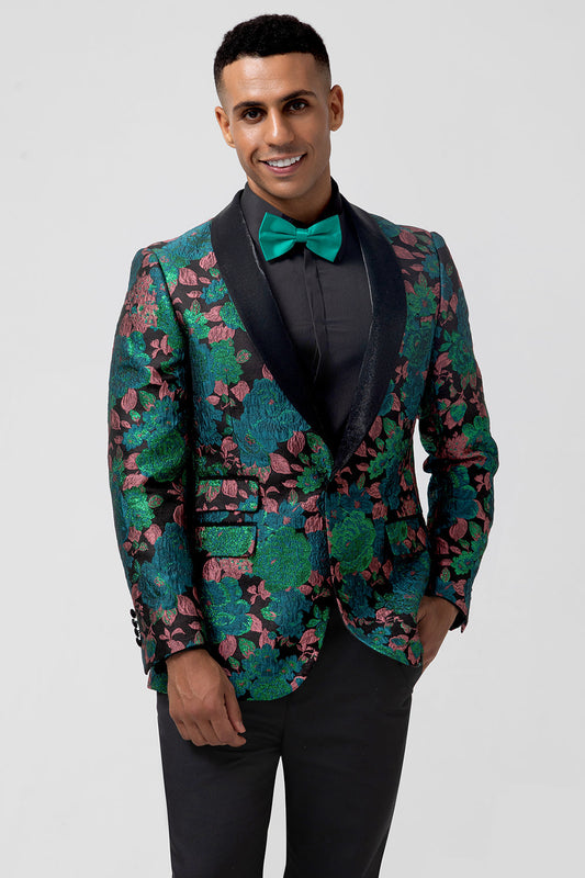 Blazer de bal homme vert jacquard à revers châle et un bouton