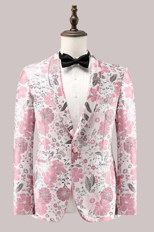 Blazer de bal pour homme en jacquard rose avec revers en pointe et un bouton
