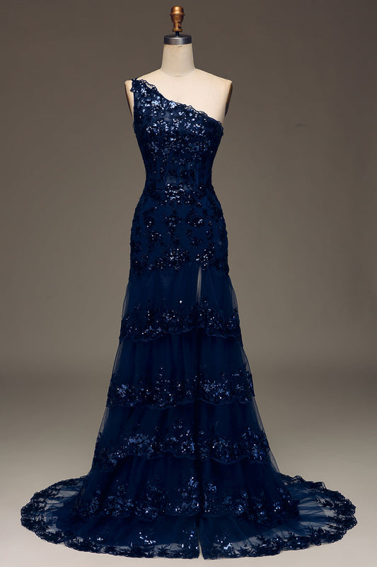 Sparkly Dark Navy Tiered Lace One-Shoulder Long Prom Dress with Slit