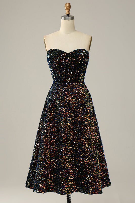 Robe de bal mi-longue évasée à sequins noirs