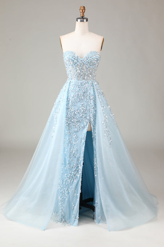 Corset Blue Strapless A-Line Prom Dress with Slit