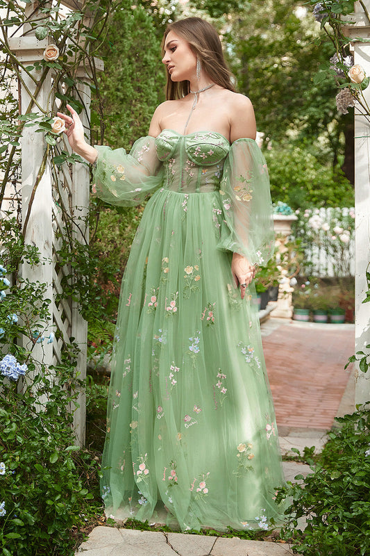 Robe de bal verte trapèze à manches longues et épaules dénudées