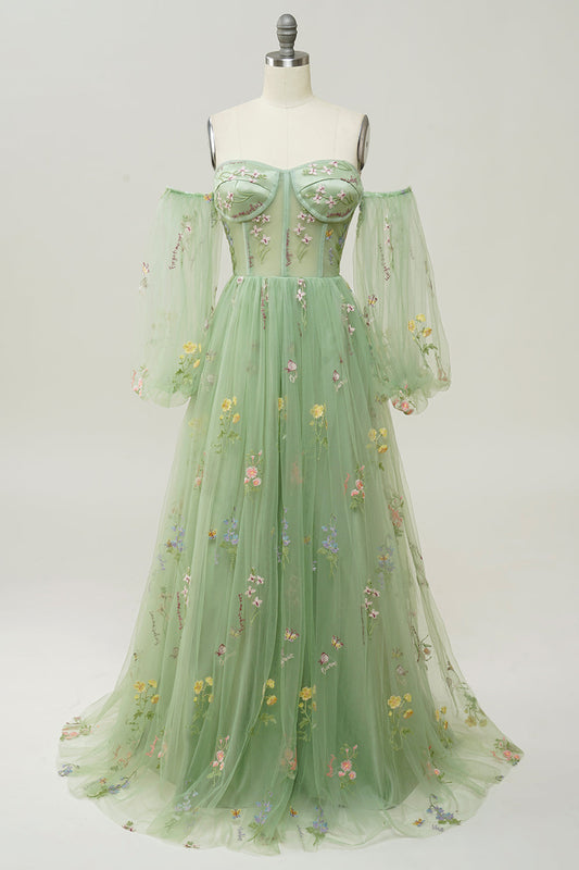 Robe de bal verte A-line à épaules dénudées et manches longues